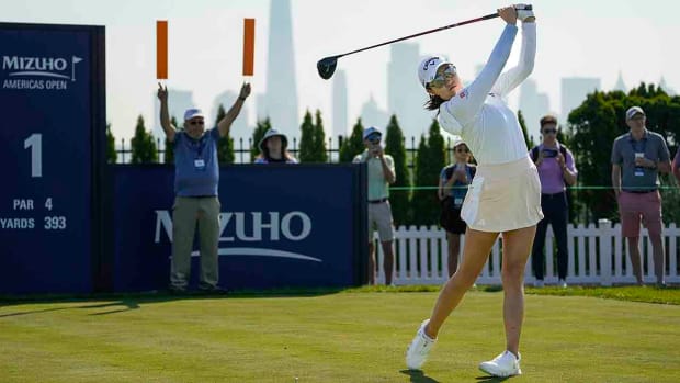 Rose Zhang tees off the first hole in her professional debut June 1, 2023, at the LPGA Mizuho Americas Open.
